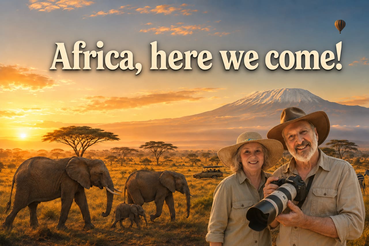 Jay and companion smiling with safari gear beside a plane before departure.